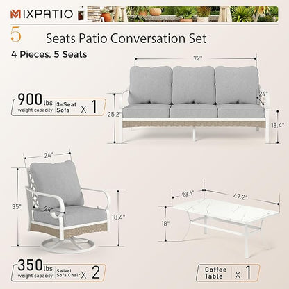 4 Piece Patio Furniture Set, 2 x Swivel Chair, 1 x 3-Seat Sofa with Marbling Coffee Table, 5 Seats Outdoor Conversation Set for Lawn Garden Backyard, Light Gray