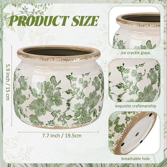 7.7" Large Ceramic Plant Pot Beige Green Vintage Floral Crackle Glaze Rustic Flowers Pot Decorative Planter with Drainage for Indoor Outdoor Plants Home Kitchen Office Decor Gift