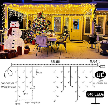 Icicle Christmas Lights Outdoor, 66ft 640 LED Icicle Lights for Outside 8 Modes with 75 Drops, Plug in Christmas Light for House Indoor Holiday Wedding Christmas Decorations, Warm White