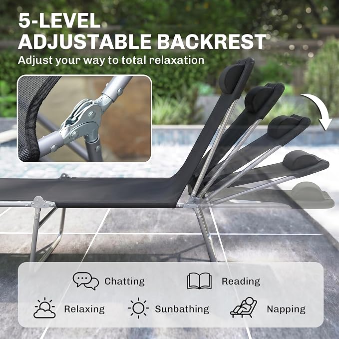 Outsunny Folding Chaise Lounge Pool Chairs, Outdoor Sun Tanning Chairs with Pillow, Reclining Back, Steel Frame & Breathable Mesh for Beach, Yard, Patio, Black