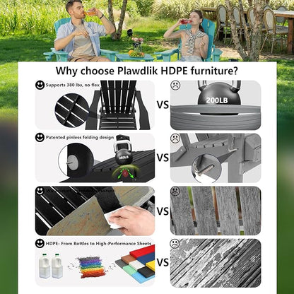 Plawdlik Folding Adirondack Chair, SGS Tested, Wooden Textured with Cup Holder, Heavy All-Weather HDPE Comfortable Set Poolside Backyard Lawn Black