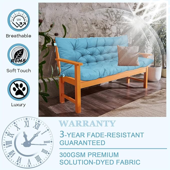 Outdoor Swing Cushions 3 Seater Waterproof, Replacement Bench Cushions for Outdoor Patio Furniture with Backrest, Porch Swing Cushion with Ties for Lawn and Garden (Sky Blue, 40x71in)