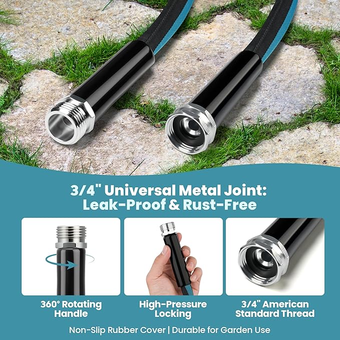 Garden Hose Water Hose 75ft Lightweight Flexible, Kink-Free Outdoor Heavy Duty 3/4" Rustproof Metal Fittings, 10-Pattern 360° Rotating Spray Nozzle for Yard Lawn Car Wash
