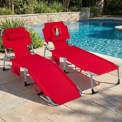 Goplus Tanning Chair, Folding Adjustable Patio Lounger w/Face Arm Holes, 4-Position, 330 LBS, Removable Cushion,Carry Strap, Outdoor Sunbathing Chair, Lightweight Portable Beach Lounge Chair (2, Red)