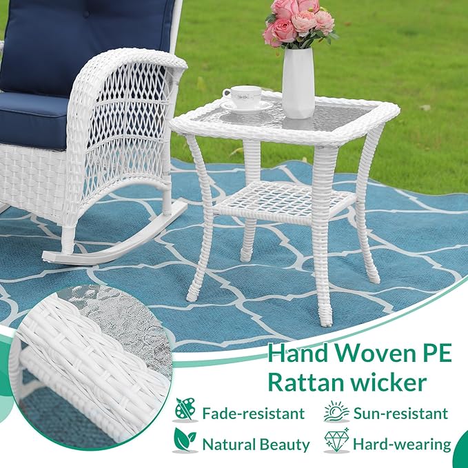 VIVIJASON Outdoor Wicker Side Table, All-Weather Rattan Patio Side Table Bistro Table with 2-Tier, Tempered Glass Top Square End Table for Indoor, Balcony, Garden, Porch, Deck, White
