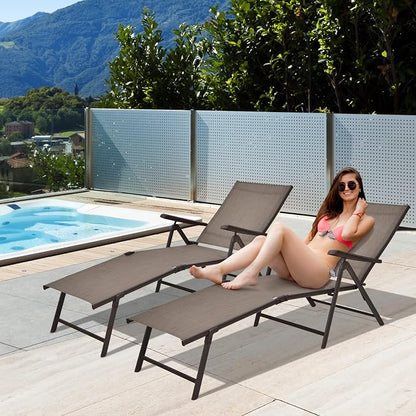 Tangkula Folding Lounge Chair Outdoor, Recliner Chaise Lounge with 5-Position Adjustable Backrest & 2-Position Footrest, No Assembly Required, Suitable for Patio Poolside Beach Yard (2, Brown)