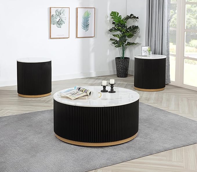 kevinplus ø22'' Faux Marble Top Side Table Round Circle End Table for Living Room, Modern Luxurious Wooden Base Gold-Finished Style, Easy Assembly, Black & Gold & White