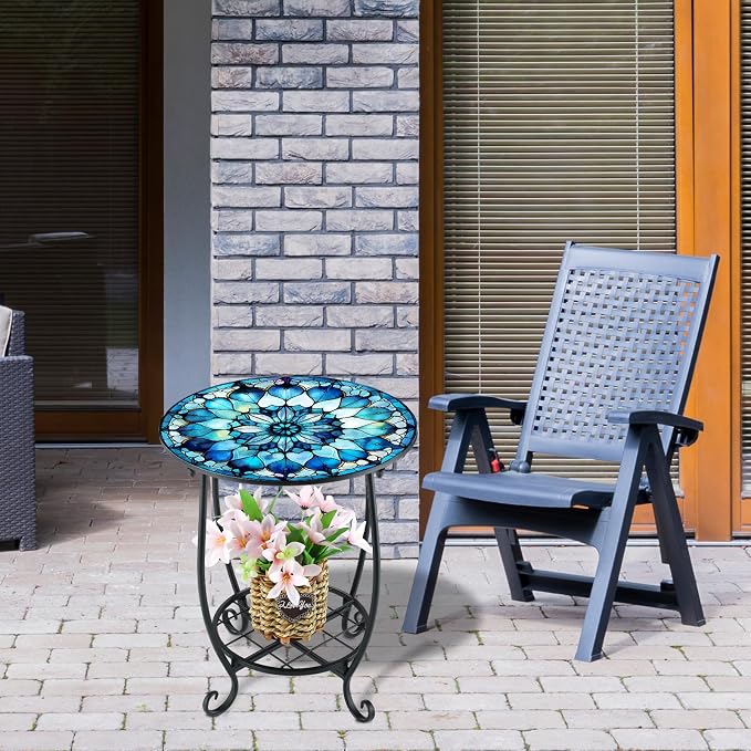 Cinnvoice Outdoor Side Table Round Small Mosaic Patio Accent Indoor End Plant Coffee Tea Table for Yard Patio Porch Garden Living Room, Bedroom(Mandala Style,12 Inch)