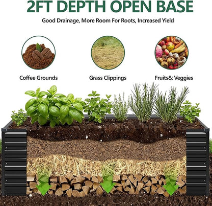 Vengarus 12x2x2FT Galvanized Raised Garden Bed Kit, Deep Root Planter Box Outdoor Large Planter Raised Beds for Planting Flowers,Vegetables and Herbs-Black