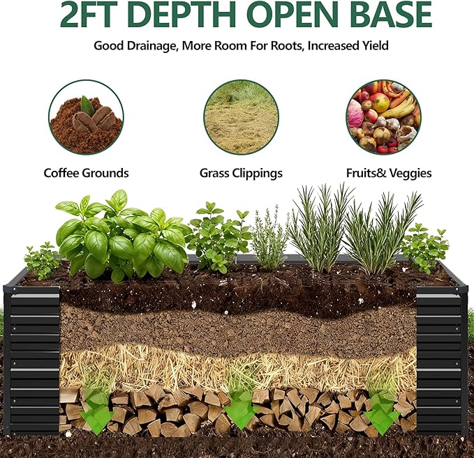 Vengarus 4x2x2FT Galvanized Raised Garden Bed Kit, Deep Root Planter Box Outdoor Large Planter Raised Beds for Planting Flowers,Vegetables and Herbs-Black