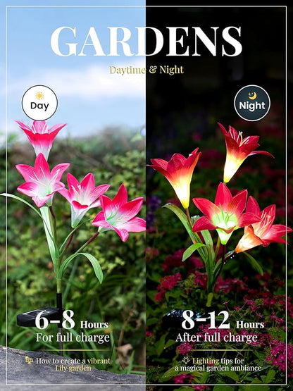 GIGALUMI Solar Outdoor Flower Lights, 4 Pack Waterproof Solar Garden Light, Color-Changing Outdoor Light, Solar Lily Flower, Unique Gifts for Dear Mother(2 Purple, 1 Red, 1 White)