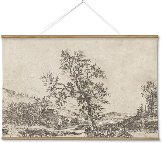 ARPEOTCY Extra Large Vintage Framed Wall Art, 36x54 Inch Sketch Houses Trees Landscape Hanging Canvas Prints, Scroll Wall Decor for Living Room Bedroom, Retro Scenery Pictures Above of Bed