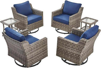 Patio Wicker Chairs Swivel Rocker-Outdoor Swivel Rocker Chair Set of 4 with All Weather Wicker Glider Rocker Set, PE Rattan Swivel Rocking Chair with 2 Side Table for Balcony Deck Porch Grey/Blue