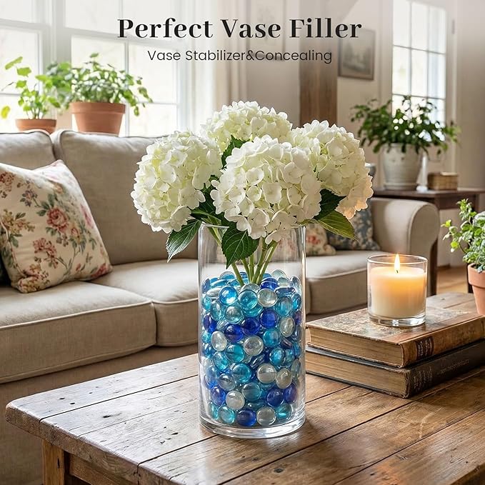 FUTUREPLUSX 5 Lb Flat Glass Marbles, 500PCS Blue Mixed Color Flat Gems Decorative Glass Stones Vase Filler Beads Table Scatter Decor
