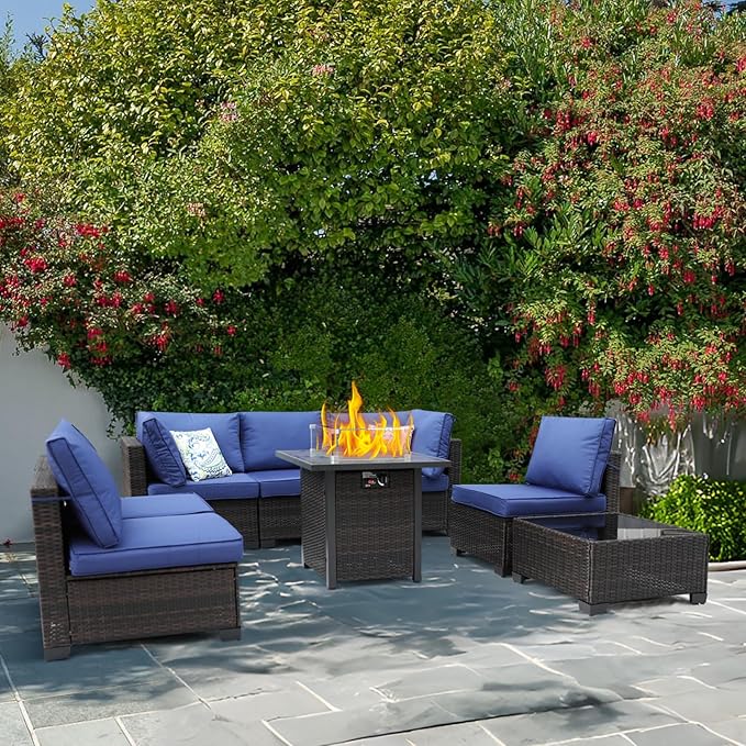 8 Pieces Patio Furniture Set with 28" Fire Pit Table, Wicker Outdoor Sectional Couch, Rattan Conversation Set for Backyard, Deck, Garden Lawn, Brown/Blue