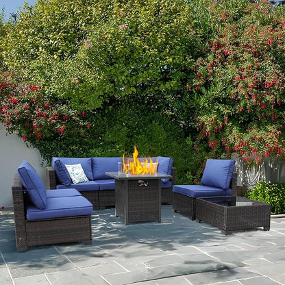 8 Pieces Patio Furniture Set with 28" Fire Pit Table, Wicker Outdoor Sectional Couch, Rattan Conversation Set for Backyard, Deck, Garden Lawn, Brown/Blue