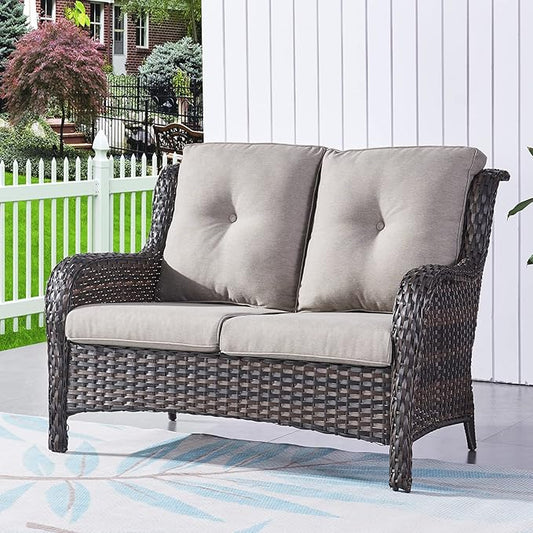 HUMMUH 6 Pieces Outdoor Patio Furniture Set Wicker Swivel Patio Chairs with Ottomans 2 Seater Outdoor Sectional Sofa/Patio Loveseat with Coffee Table