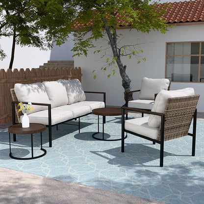 COOS BAY Sand Dune 5 Piece Wicker Patio Furniture Set, Rattan Outdoor Furniture with Nesting Tables, Chairs, Couch, and Coffee Tables, Brown/Beige