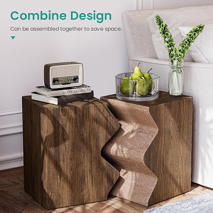 SUNBURY Concrete Side Table Set of 2, Outdoor Side Table Combine for Patio, Outdoor Accent Table Patio End Table in Woodgrain, Ceramic for Garden, Porch, Rectangular, Light Brown