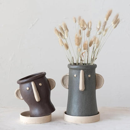 Creative Co-Op Stoneware Face Planter with Saucer, Brown & Cream Color, Holds 4" Pot