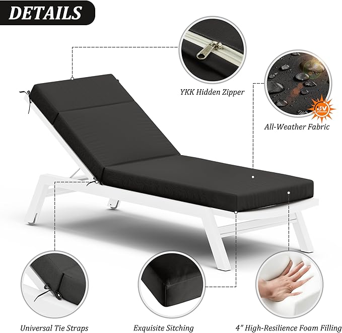 Chaise Lounge Cushion for Outdoor Furniture, Waterproof Fade and Tear Resistant Lounge Deck Chair Cushions for Patio Lawn Pool Resort Hotel