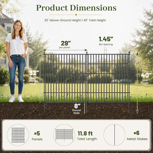 5 Panels No Dig Decorative Outdoor Garden Fence with Gate for Yard, 32 in(H) X 11.8 ft(L) Animal Barrier Fencing Rustproof Metal Wire Panel Border for Dog, Rabbits, and Patio Temporary Ground Stakes