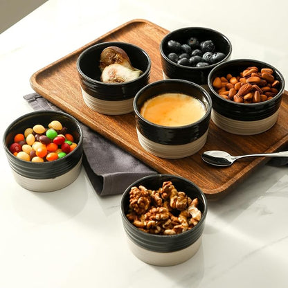 Hasense Ceramic Ramekins Set of 6, 6 Oz Oven Safe Mini Bowls, Black & Beige Farmhouse Ramekins for Creme Brulee, Souffle, Custard & Dipping Sauces