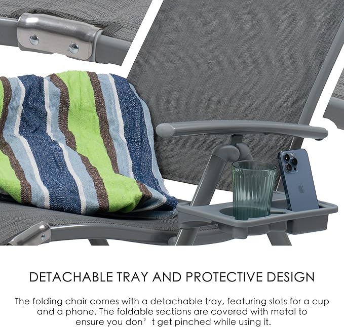 Kozyard Cozy Aluminum Reclining Lounge Chair - Perfect for Beach, Yard, Pool, Deck, and Patio - Outdoor Chaise Lounge with Drink Holder, Weather Free, Adjustable - Assemble-Free (2 Pack, Gray)