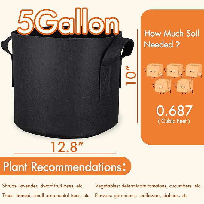 Gardzen 6-Pack 5 Gallon Grow Bags, 300G Thickened Nonwoven Fabric Pots with Handles, Heavy Duty Aeration Plant Bags for Gardening and Container Growing