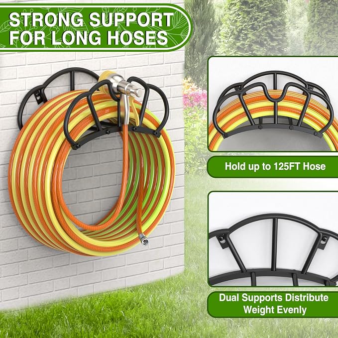 Qatsrin Super Stable Garden Hose Holder Wall Mount, Heavy Duty Water Hose holder Hanger Holds 125-Feet Hose, Metal Hose Storage Reel Rack Organizer for Outside Yard Lawn