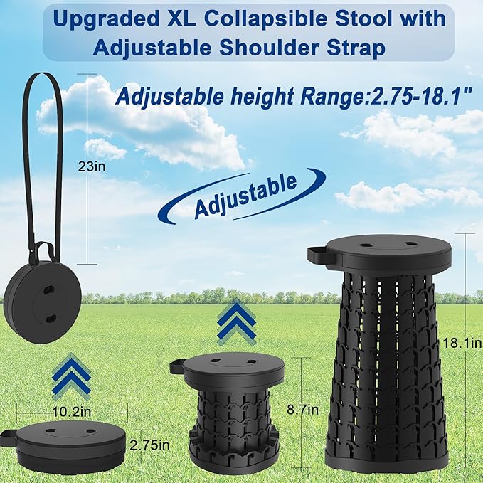 Upgraded 18.1" Collapsible Stool with Adjustable Strap,Lightweight Folding Stool,Load Capacity 600lbs,Retractable Camping Stool Portable Folding Chair or Travel Footrest for Outdoor Fishing Hiking BBQ