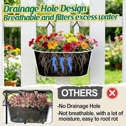 MADHOLLY Railing Planter with Drainage Holes - Sturdy Bucket Pots for Railing Fence, Countryside Style Metal Flower Pots for Herbs Balcony Garden Yard Decor, 4Pcs, White