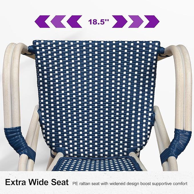 PURPLE LEAF French Bistro Chairs Set of 2 Aluminum Wicker Rattan Hand-Woven Armchairs Outdoor Dining Chairs for Patio Kitchen Garden White Print Finish Deep Blue