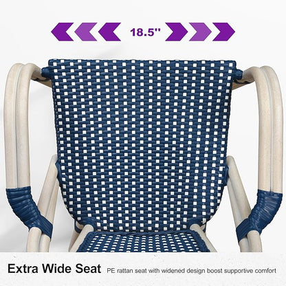 PURPLE LEAF French Bistro Chairs Set of 2 Aluminum Wicker Rattan Hand-Woven Armchairs Outdoor Dining Chairs for Patio Kitchen Garden White Print Finish Deep Blue