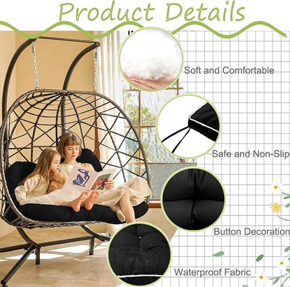 Swing Replacement Cushions with Backrest, 2 or 3 Seater Waterproof Non-Slip Overstuffed Swing Pad, Indoor/Outdoor Bench Cushion for Porch Chair Swing Garden Furniture (Black, 40 * 63 in)