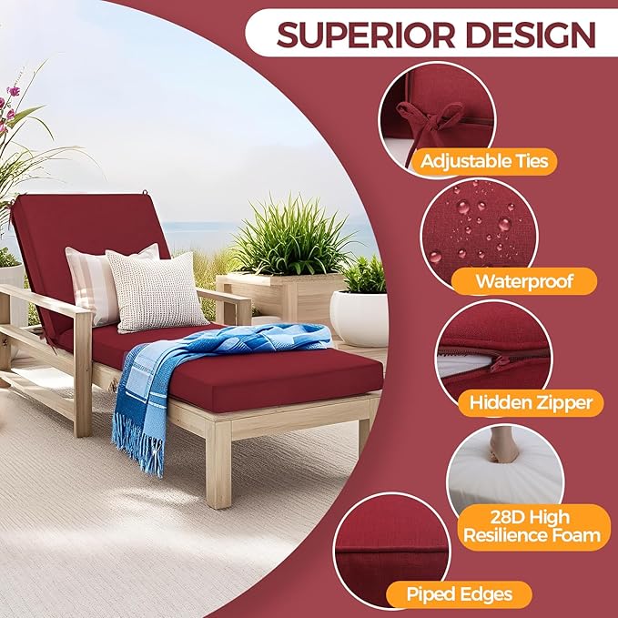 Outdoor Chaise Lounge Cushion - Waterproof & Fade Resistant Patio Lounger Cushions with Removable Cover for Pool, Deck, Lawn .70 x 22 x 4 Inch (Red)