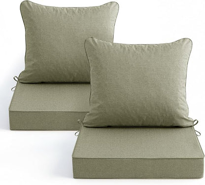 Summsun Water Resistant Outdoor Chair Cushions, Faux Linen Backrest and Deep Seat Cushion Set with Ties, Removable Cover, Non-Slip Bottom for Patio Furniture, 24 x 24 Inch, Mocca Green, Set of 2