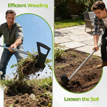 Weed Rake and Garden Hoe,7-Tine Weed Puller Tool with Long Handle,4-Section Adjustable 2 in 1 Hoe and Rake for Heavy-Duty Root Removal and Weed Clearing in Yards,Lawns,Patios,and Gardens