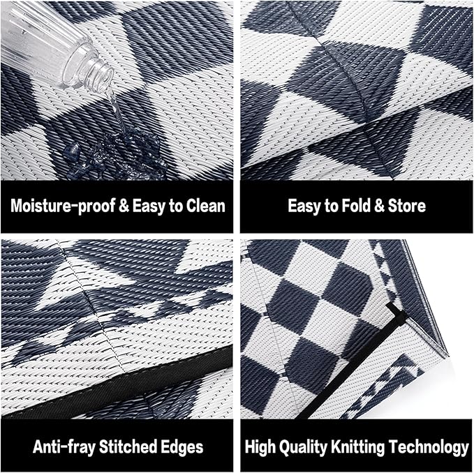 HUGEAR Outdoor Waterproof Rug 10'x14' Plastic Straw Rugs Washable Reversible Floor Mat Blue Plaid Carpet for Camping RV Deck Entryance Porch Picnic Balcony Beach Backyard