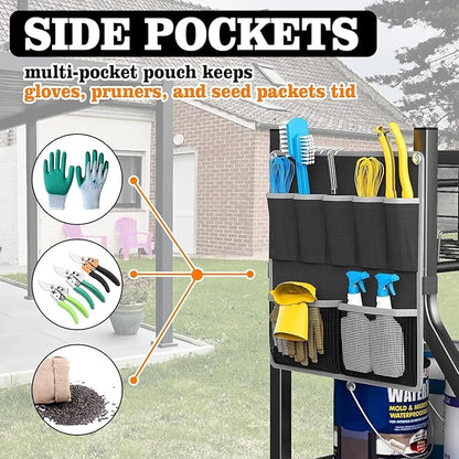 36" Large Garden Tool Organizer with Wheels & Side Tool Bag, 3 Tier Rolling Garage Storage Rack for Long Handled Rakes, Shovels, Brooms, Freestanding Yard Tools Cart for Shed & Outdoors