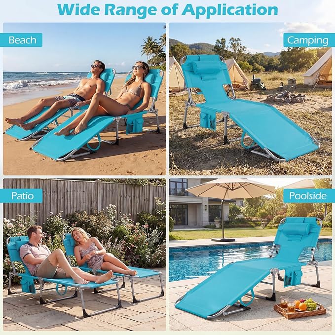 GYMAX Tanning Chair with Face Hole, Sun Bathing Lounge Chairs for Outside with Side Pocket, Folding Portable Face Down Layout Tanning Chair Beach, Backyard, Poolside, Lawn (Turquoise,2)
