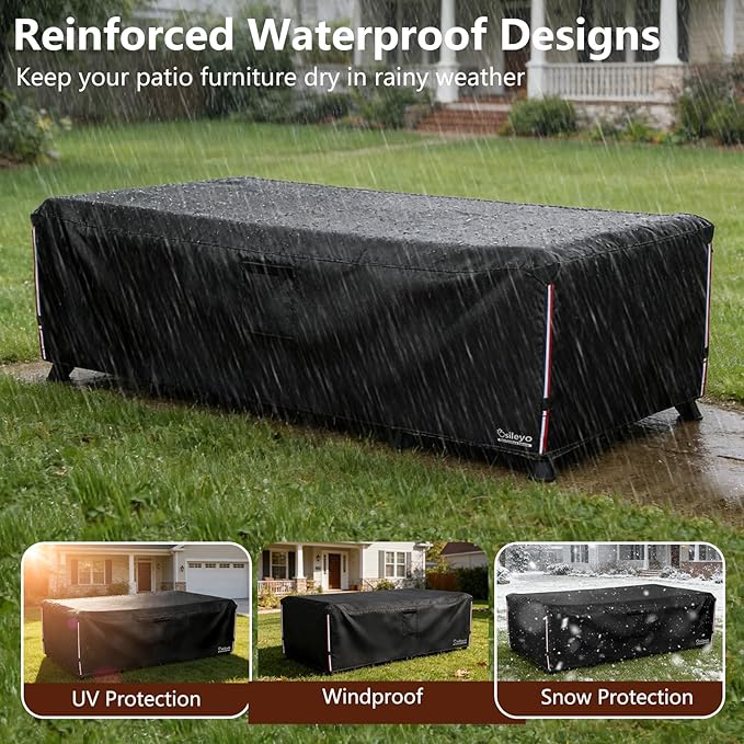 Waterproof Patio Furniture Covers,600D Heavy Duty Patio Cover for 6/7/8 PCS Sets Sectional Sofa Couch Dining Rocking Swivel Chairs Ottomans Coffee Table,126L x 63W x 28H inch Black
