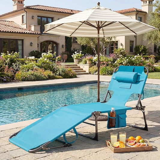 GYMAX Tanning Chair with Face Hole, Sun Bathing Lounge Chairs for Outside with Side Pocket, Folding Portable Face Down Layout Tanning Chair Beach, Backyard, Poolside, Lawn (Turquoise,1)