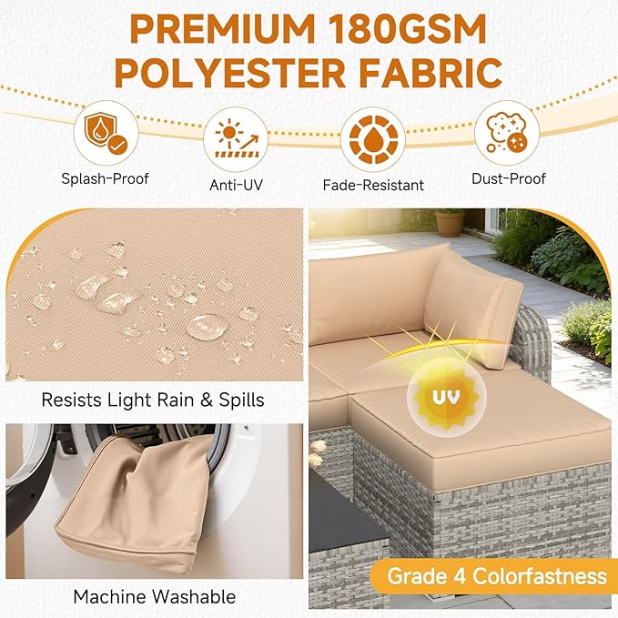 HOMREST Outdoor Sectional Cushions Set of 9, Waterproof Patio Furniture Cushions for 4-Seat Rattan Wicker Sofa, Deep Seat Couch Cushions with Non-Slip Bottom & Machine Washable Covers,Khaki