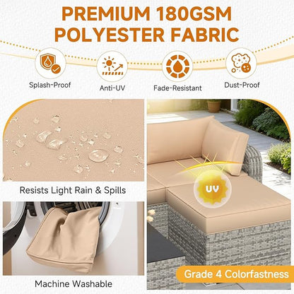 HOMREST Outdoor Sectional Cushions Set of 9, Waterproof Patio Furniture Cushions for 4-Seat Rattan Wicker Sofa, Deep Seat Couch Cushions with Non-Slip Bottom & Machine Washable Covers,Khaki