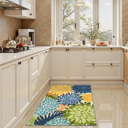 Arenarug 2x3 Colorful Washable Small Rug Tropical Botanical Modern Floral Indoor Chenille Door Mat Carpet Non Slip for Patio, Entry Way, Entrance, Porch, Green