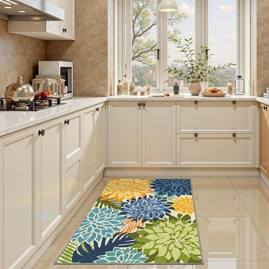 Arenarug 2x3 Colorful Washable Small Rug Tropical Botanical Modern Floral Indoor Chenille Door Mat Carpet Non Slip for Patio, Entry Way, Entrance, Porch, Green