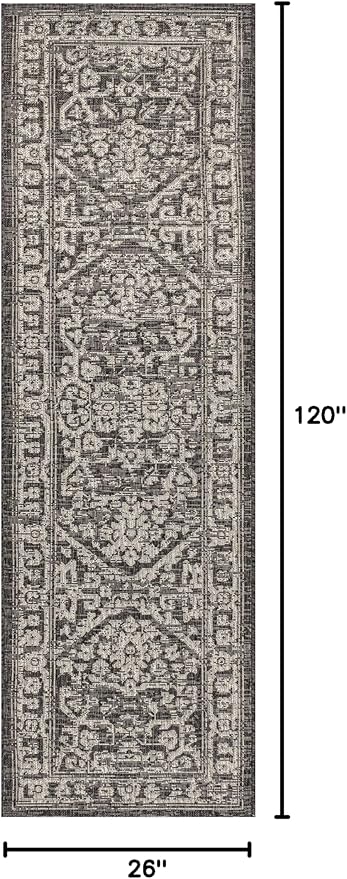 JONATHAN Y Boho Medallion Indoor Outdoor Runner Rug 2X10 Black/Gray, Malta Textured Weave for Backyard, Patio, Porch, Easy-Cleaning, High Traffic, Pet-Friendly, Non-Shedding (SMB104C-210)