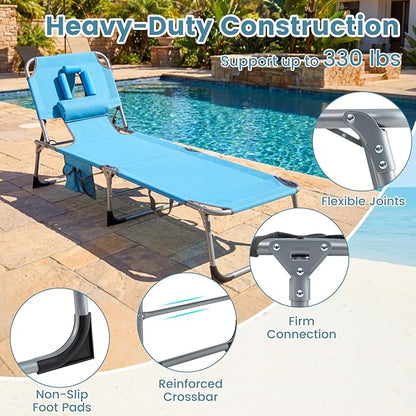 COSTWAY Tanning Chair with Face Hole, Folding Beach Lounge Chair with 4-Position Adjustable Backrest, Pillow & Side Pocket, Foldable Chaise Lounge Chair Outdoor for Sunbathing, Camping (1, Blue)