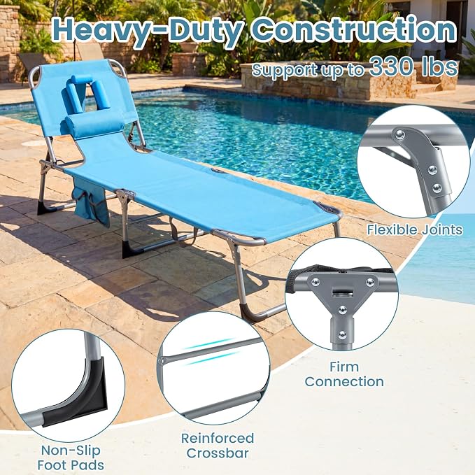 Goplus Tanning Chair, Folding Adjustable Patio Lounge Chair with Face Hole, Removable Pillow, 330LBS, Carry Strap, Outdoor Sunbathing Chair, Lightweight Portable Beach Lounge Chair (2, Navy)